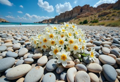 Flowers on a rocky beach during a sunny day