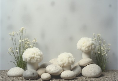 Artistic display of unique rocks and floral elements