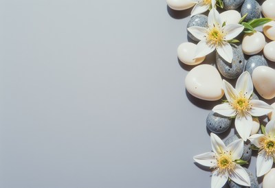 Relaxing arrangement of stones and flowers on a surface