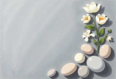 Stones and flowers on a gray background