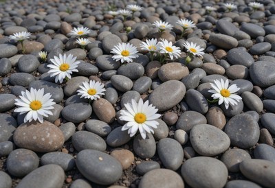 Daisies blooming among smooth stones in a serene setting