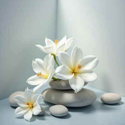 Beautiful white flowers arranged on smooth stones