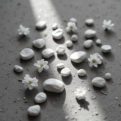 Natural arrangement of stones and flowers in sunlight