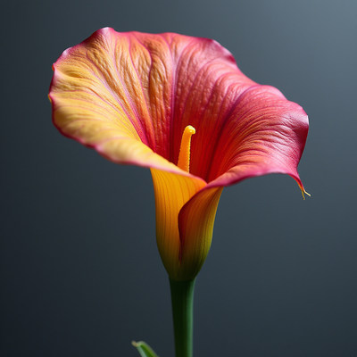 Vibrant red and yellow calla lily blossom in soft light