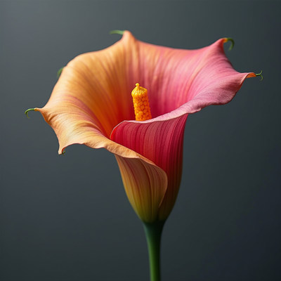 Vibrant calla lily in striking orange and pink hues