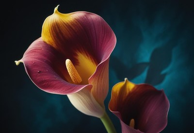 Blooming calla lilies against a dark backdrop display beauty