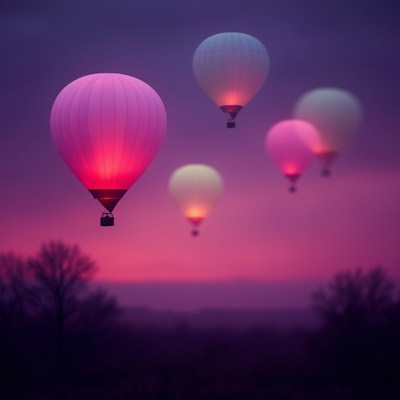 Hot air balloons glow at dusk over a scenic landscape