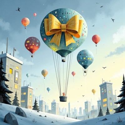 Colorful hot air balloons in a snowy urban landscape