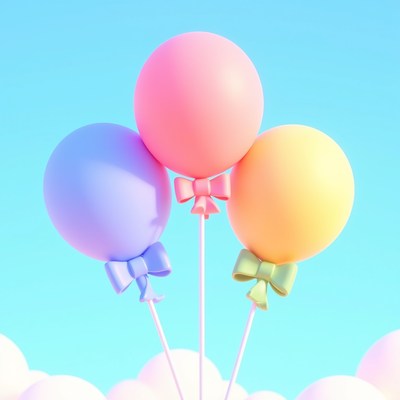 Colorful balloons with bows floating against a blue sky