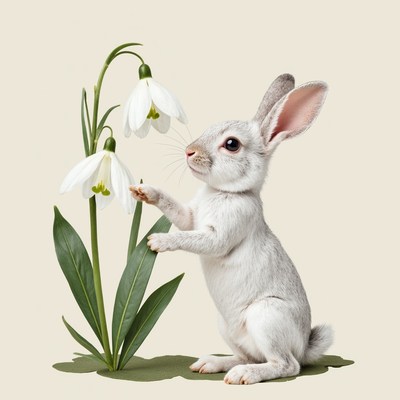 Rabbit admiring blooming snowdrops in spring season