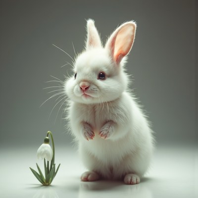 White rabbit stands beside delicate snowdrop flower