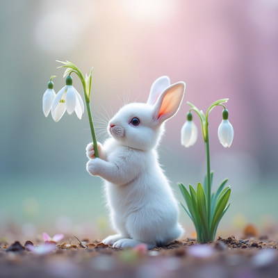 Cute white rabbit holding snowdrop flowers in springtime