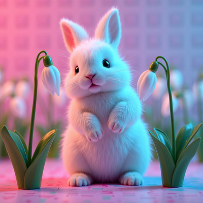 Cute white rabbit among blooming snowdrop flowers