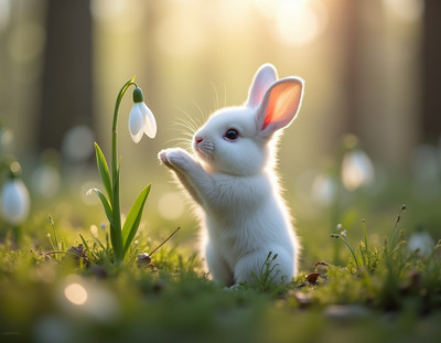 Rabbit admiring a snowdrop flower in springtime forest