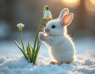 Snowy bunny with snowdrop flower in winter sunlight