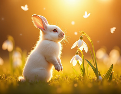 White rabbit stands beside flowers in a sunny field