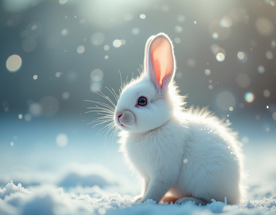 Fluffy white rabbit sitting in the snow during winter