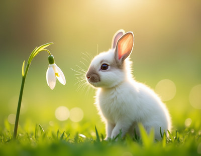 Cute bunny interacts with blooming snowdrop flower