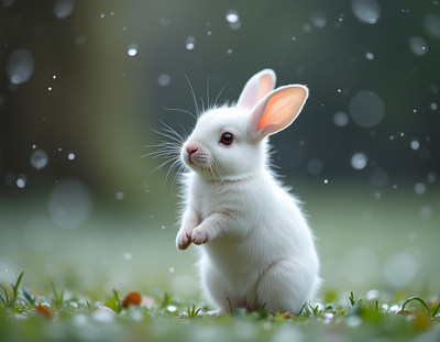 White rabbit stands on grass during a gentle rain