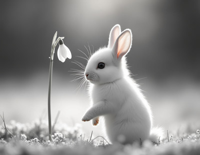 White rabbit exploring a flower in soft light