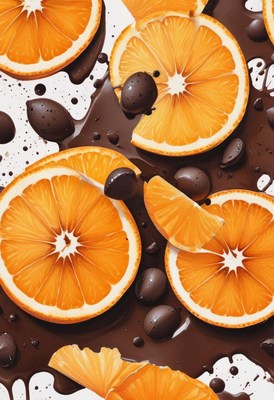 Fresh orange slices with rich chocolate drizzle top view