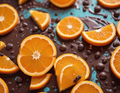 Orange slices with chocolate on a bright backdrop
