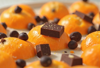 Vibrant orange desserts garnished with chocolate squares
