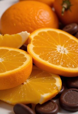 Bright and fresh oranges arranged with dark chocolates