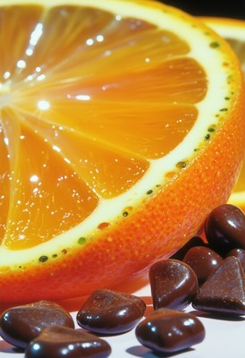 Juicy orange slices and dark chocolate pieces displayed
