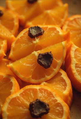 Fresh orange slices topped with chocolate pieces