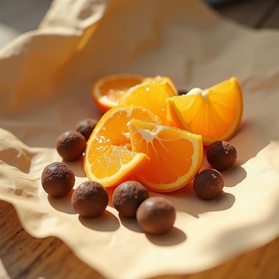 Fresh oranges and chocolate treats showcased on a plate