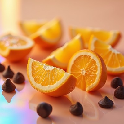 Sliced oranges and chocolate chips arranged artistically