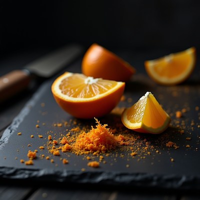 Freshly cut oranges on a dark slate countertop