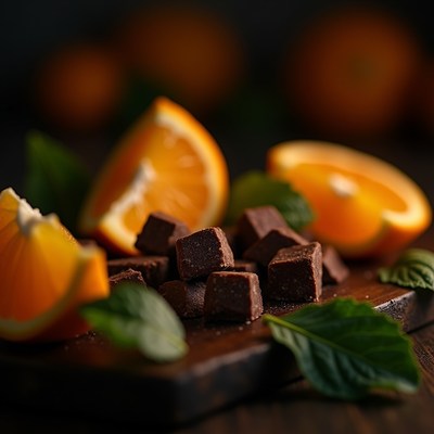 Chocolate and orange slices on a wooden surface