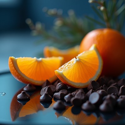 Citrus and chocolate combination on a reflective surface