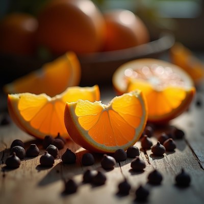 Fresh orange slices surrounded by chocolate chips