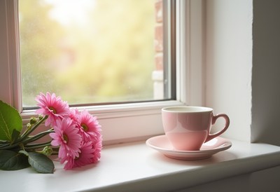 Morning coffee and flowers by the window