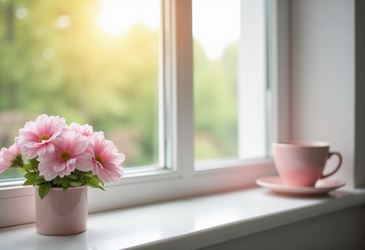 Morning light highlights flowers and a cup on a windowsill