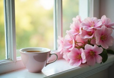 Relaxing moment with tea and fresh flowers by the window