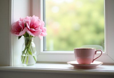 Warm cup and pink flowers by a sunny window