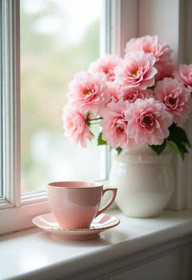Cup and flowers by the window in soft morning light
