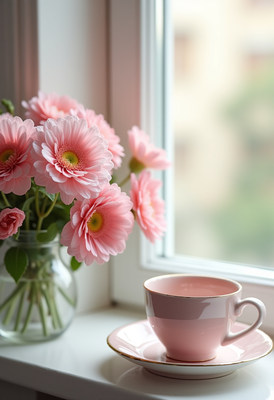 Enjoying serene moments with flowers and tea