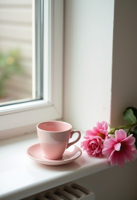 Pink cup on a windowsill with flowers in sunlight