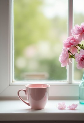 Morning coffee with flowers by the window
