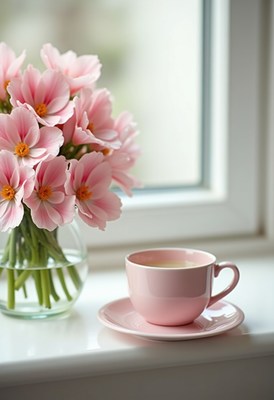 Morning tea with pink flowers by the window