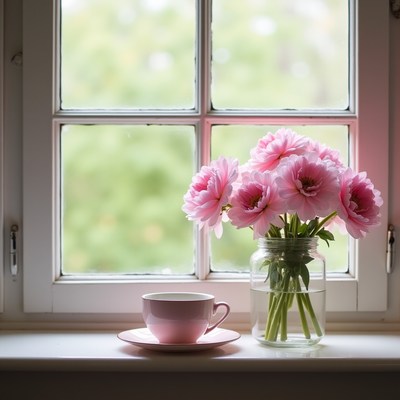 Soft pink flowers and a cup near a sunny window
