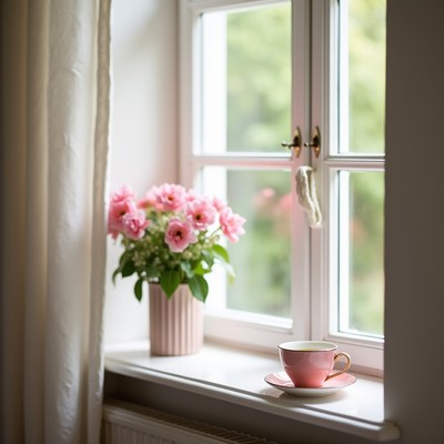 Morning coffee with flowers on a bright window ledge