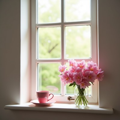 Morning light illuminates flowers and tea cup on window
