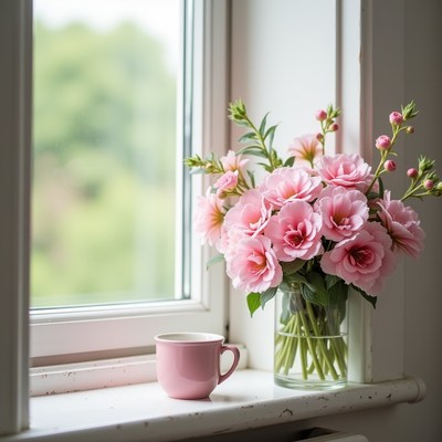 Bouquet of pink flowers beside a cup on the window sill