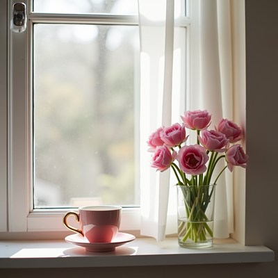 Window view with pink flowers and a tea cup